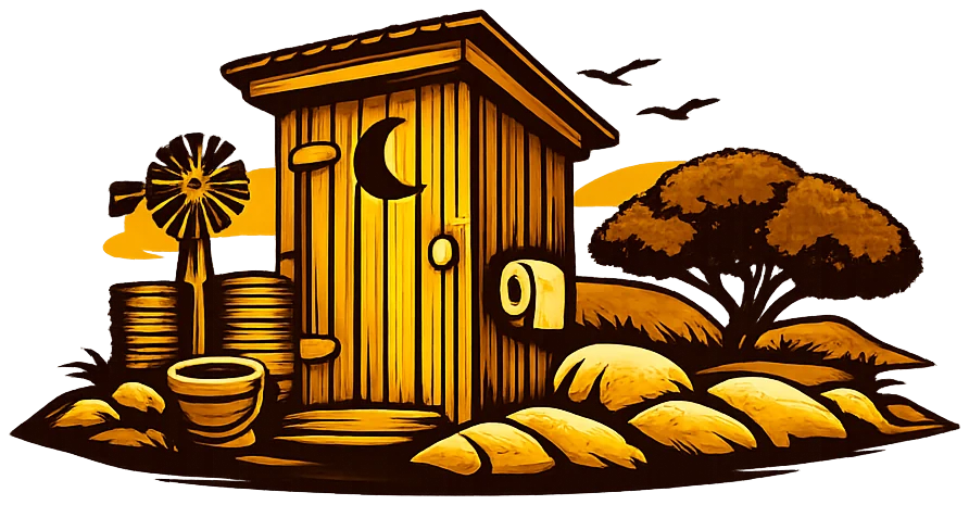 A timber dunny in the outback at sundown, beside a windmill, a water tank and a gum tree.